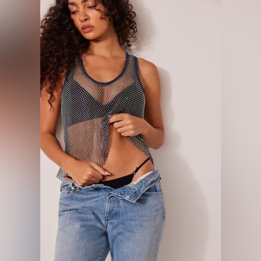 Free People Navy Mesh Tank Top